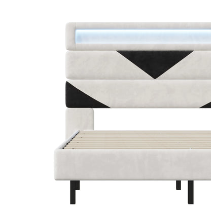 Rosahqnda Double Bed 140x190cm,Upholstered Bed with LED lighting and USB Charging Port,Youth Bed Ajudtable Headboard,WhiteVelvet