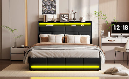 Rosahqnda Doppel-Jugendbettgestell 140–160 x 200 cm mit hydraulischem LED- und USB-Aufbewahrungsbett, Einzelbett, Gäste-/Master-Schlafzimmer, PU, weiß/schwarz