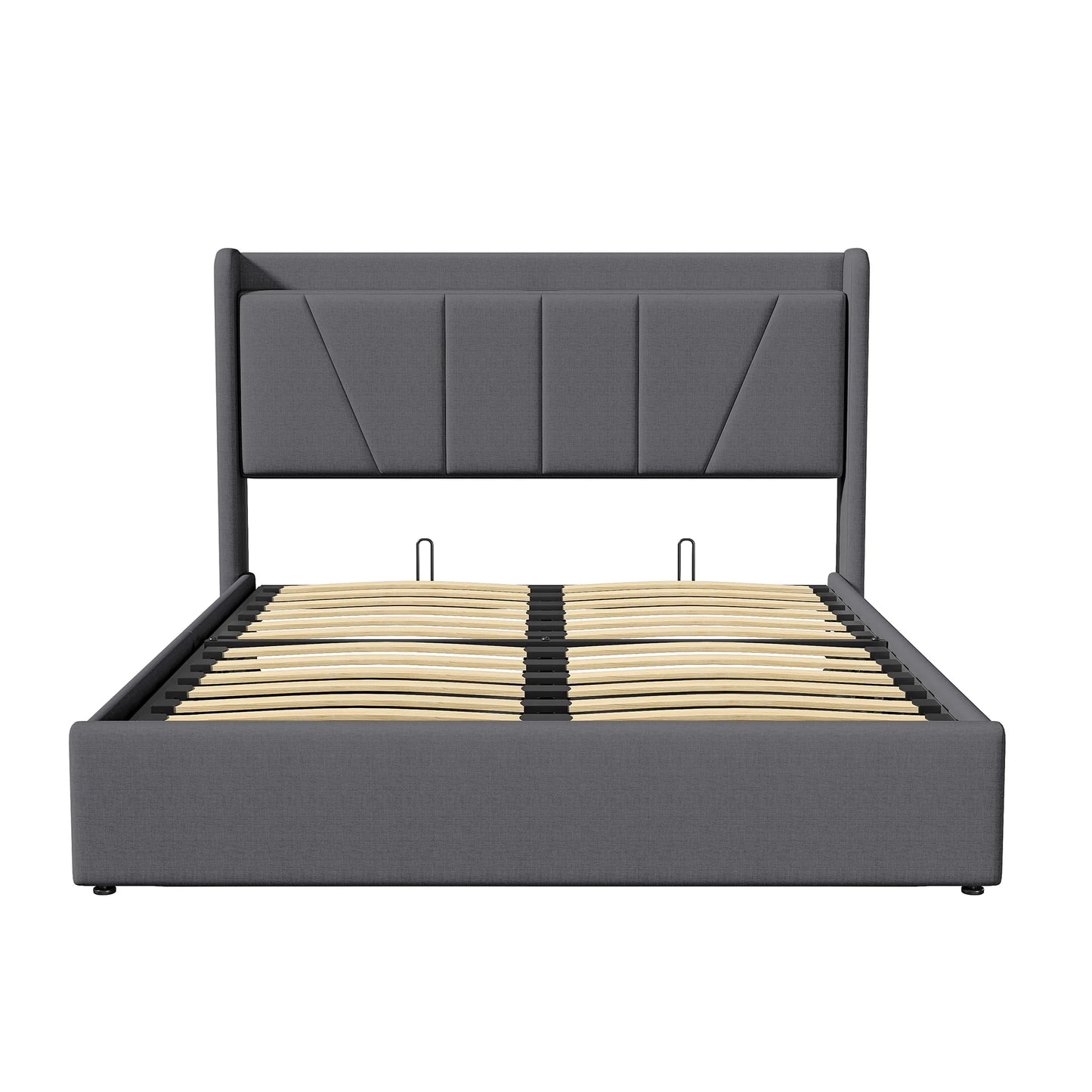 Doppelbett mit LED-Beleuchtung und 2 USB-Lademöglichkeiten, Hydraulisches Bett 140x200cm,Polsterbett mit Lattenrost, Leinenstoff