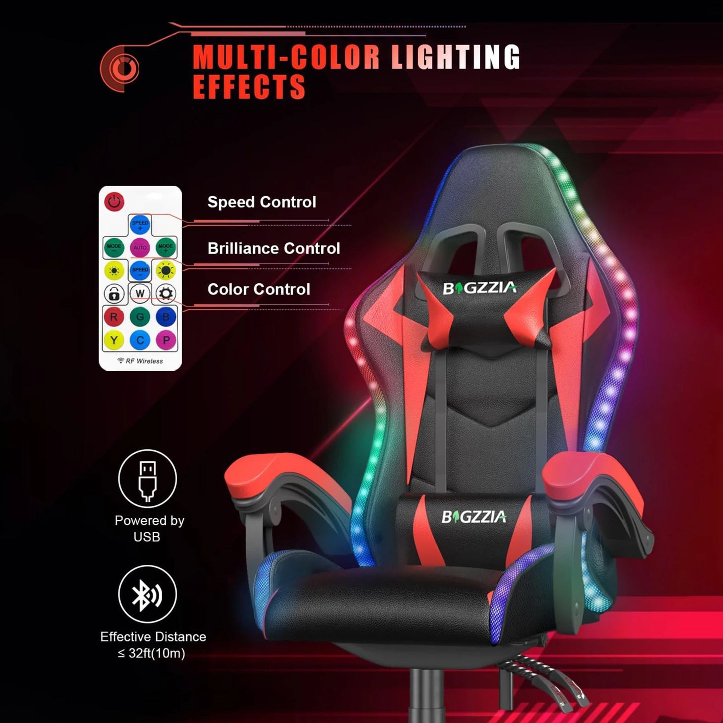 bigzzia Gaming Chair with LED RGB Gaming Chairs Ergonomic PC Chair with Headrest Gaming Chair RGB Light Lighting Computer Chair