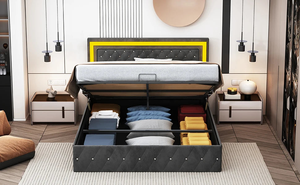 Rosahqnda Doppelbettgestell 140–160–180 x 200 cm, verstellbares LED-Kopfteil, hydraulisches Bett mit Stauraum, gepolstertes Jugendbett, Samt