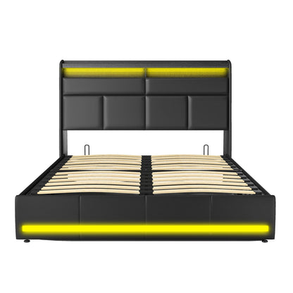 Rosahqnda Doppel-Jugendbettgestell 140–160 x 200 cm mit hydraulischem LED- und USB-Aufbewahrungsbett, Einzelbett, Gäste-/Master-Schlafzimmer, PU, weiß/schwarz