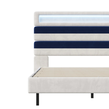 Anajqaqia 140 x 190 cm gepolstertes Bett, Doppelbett mit USB-Ladeanschluss, Kopfteil und Unterbett mit Lichtleiste, Samt