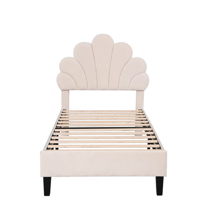 Rosahqnda Kinderbett 90x200cm, Einzelbett, Kinderbett mit Blütenblatt, Geeignet für Mädchenzimmer, Beige, Weinrot, Samt