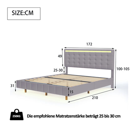 ROSAHQNDA Polsterbett 140/160 x 200 cm, LED-Schwebebettgestell mit USB-Ports, Doppelbett ohne Matratze, Leinenstoff