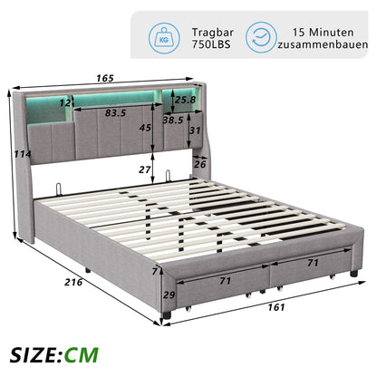 Rosahqnda Polsterbett 140/160 x 200 cm mit LED, USB, Schubladen, Kopfteil mit Stauraum, Gästebett, Wohnmännerbett, Leinen für Erwachsene/Teenager,