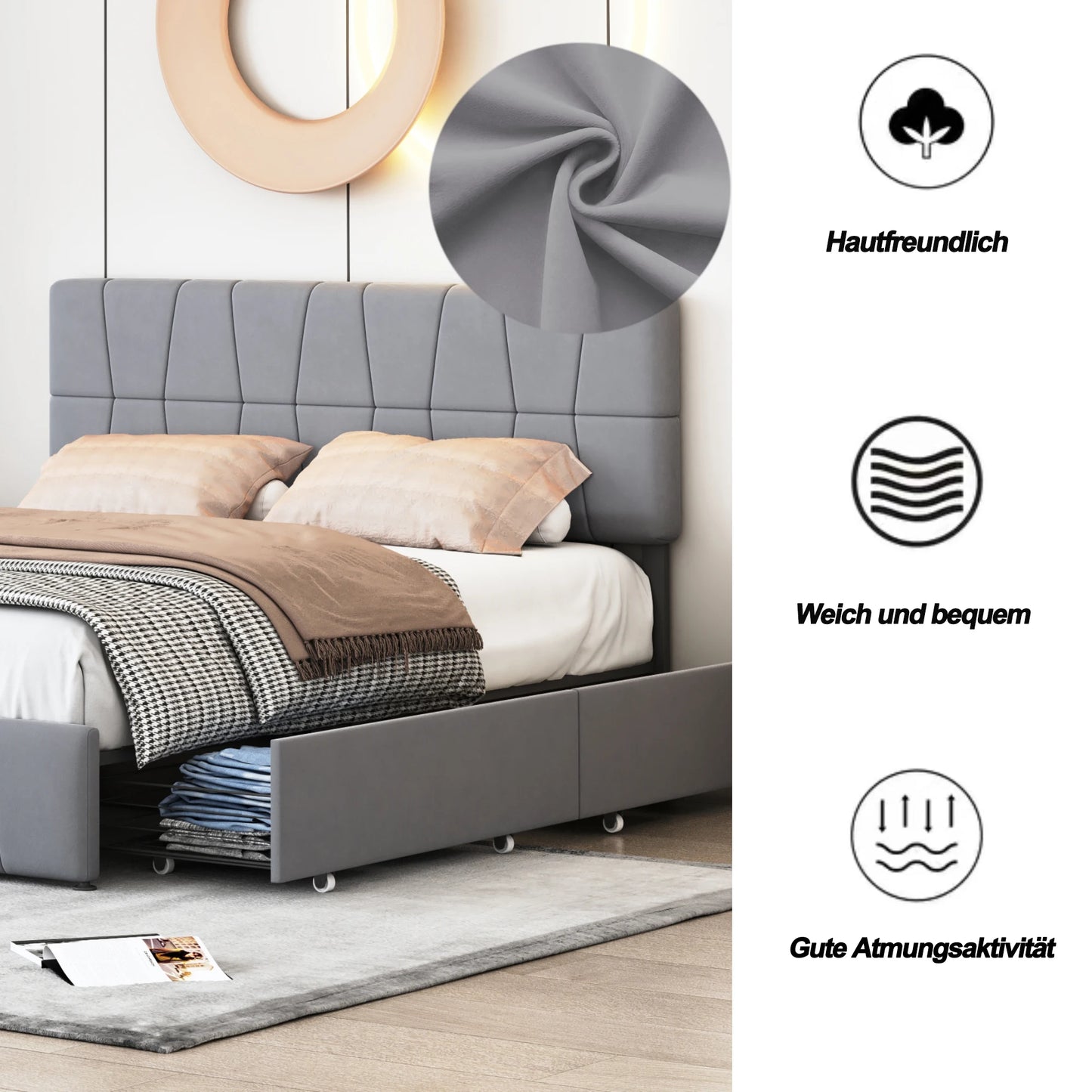 WoodenAura Polsterbett 160x200, Doppelbett mit 4 Schubladen Höhenverstellbarem Kopfteil, Jugendbett Stauraumbett Funktionsbett