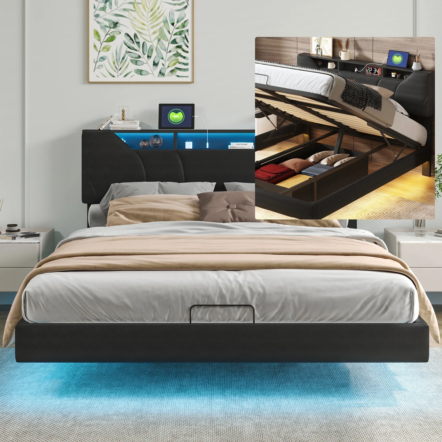 WoodenAura Doppelbett, gepolstertes Bett, Stauraum, Kopfteilbett mit USB-Aufladung, Stauraumbetten 140 x 200 cm, ohne Matratze