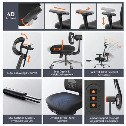 NEWTRAL MagicH-BPro Ergonomischer Stuhl mit Fußstütze, automatisch ausgestellter Rückenlehnen-Kopfstütze, adaptive Unterstützung für den unteren Rücken, 300 Pfund Gewicht