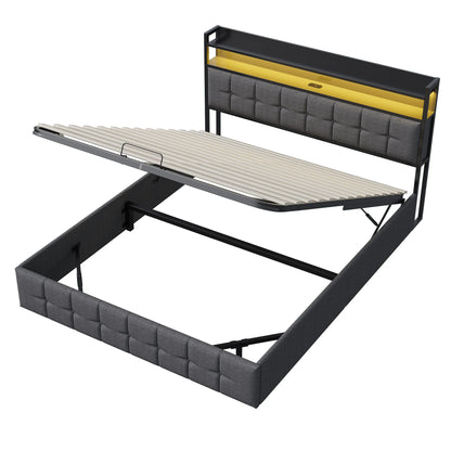 Rosahqnda Multifunctional Double Bed,Rechargeable,LED and Hydraulic Storage,Teen Bed,140/160 x 200 cm,Linen/PU,Grey,Black.