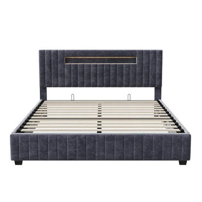 Rosahqnda 140x200 Bett mit Stauraum und Untergestell, gepolstertes Bett mit Stauraum, Doppelbett mit LED, Bettgestell aus Samt, mit Lattenrost, Grau