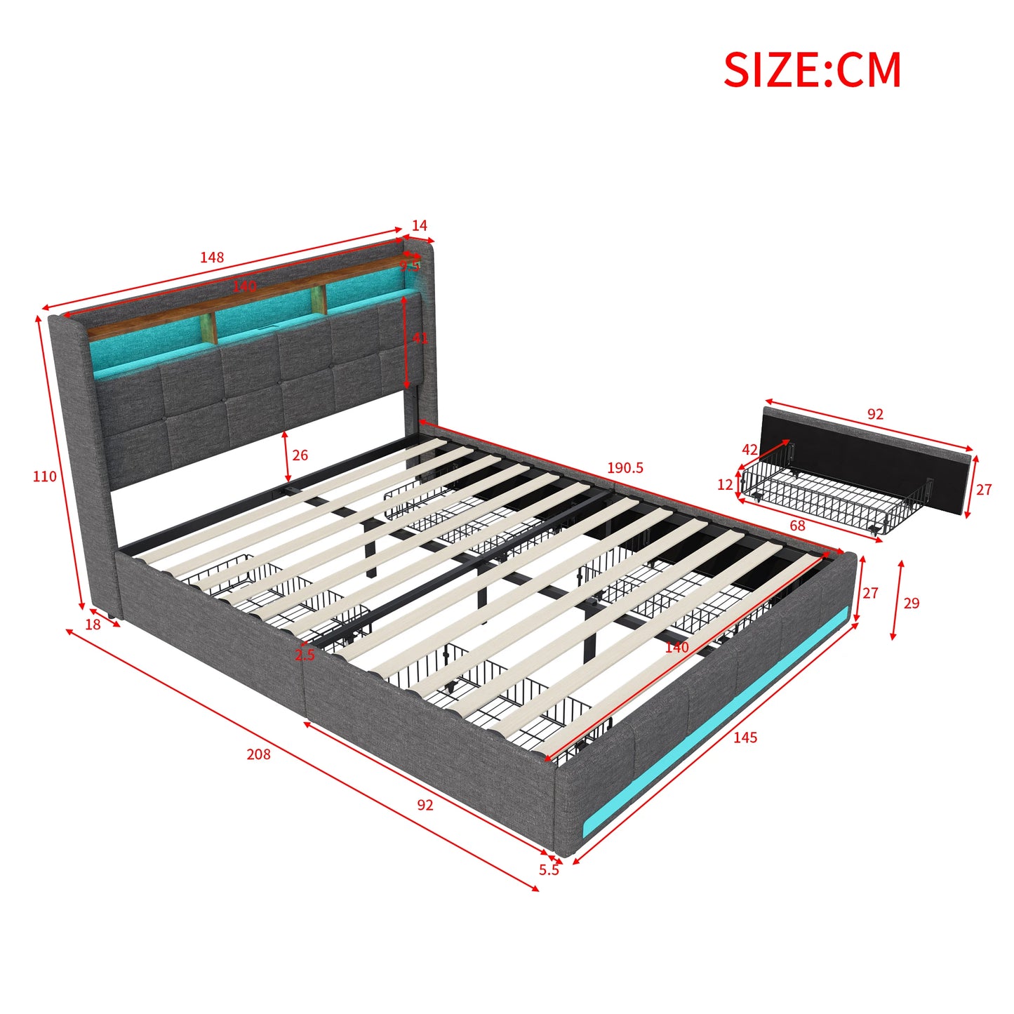 Bett mit Schubladen, 140/160 x 200 cm, Stauraumbett mit USB-Ladefunktion und LED-Kopfteil, Doppelbett mit Stauraum und 4 Schubladen. Jugendbett, funktionales Bett, Kopfteil, Lattenrost aus Holz, grau.