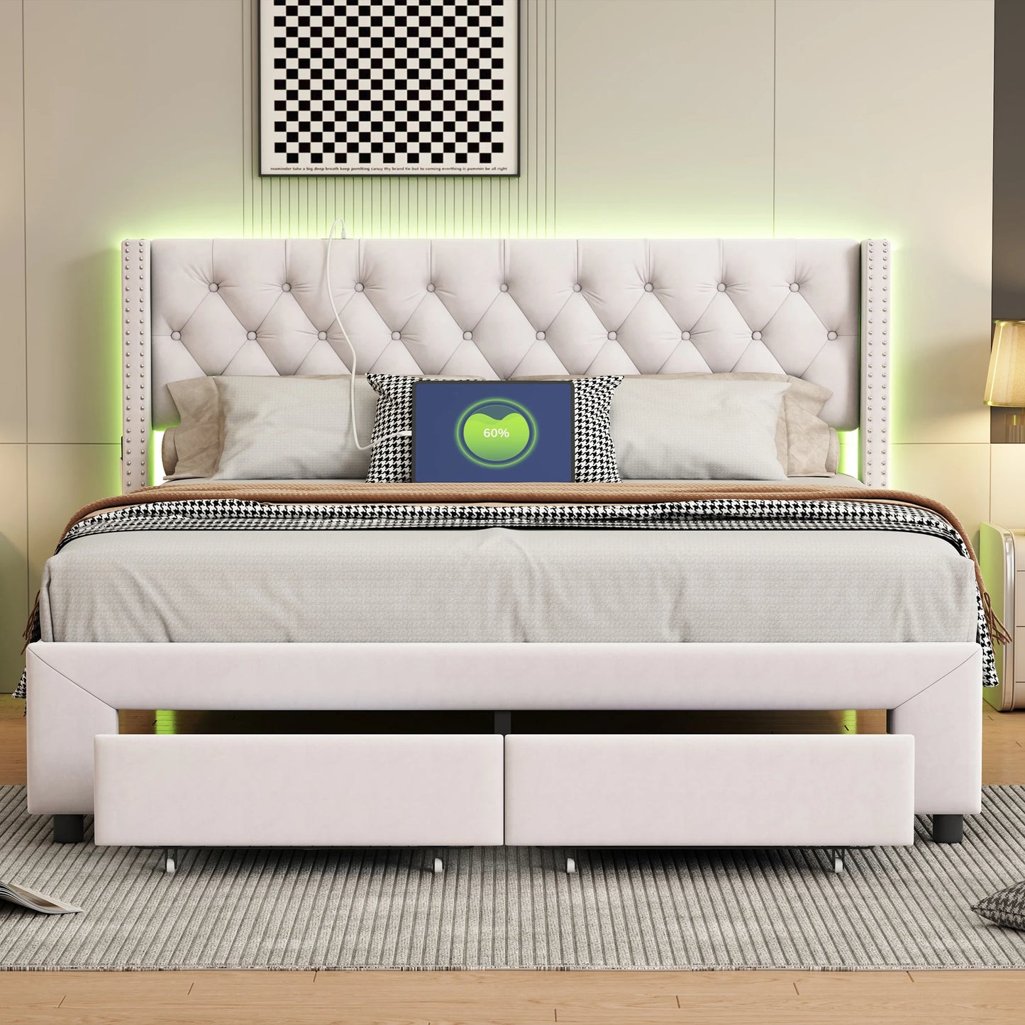 Rosahqnda Modernes Doppelbettgestell 140*190cm Stauraumbett 160-180*200cm mit LED&USB& Schubladen Jugendbett Gästebett Samtbeige