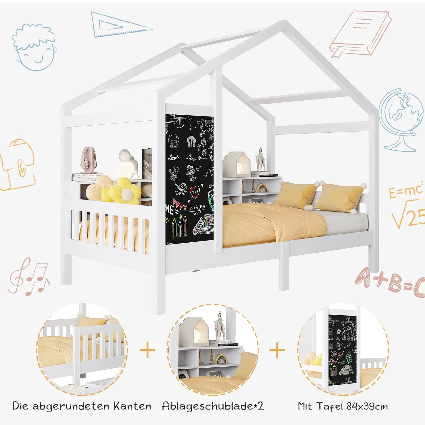Roshanda Kinderbett, 90 x 200 cm, Hausbett, Einzelbett, mit Tafel/Bücherregal/Schublade, Kiefer, Weiß
