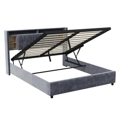 Rosahqnda Doppelbett， mit USB und LED, Polsterbett mit Stauraum und Kopfteil, Bettrahmen mit Holzlattenrost, Samt，grau