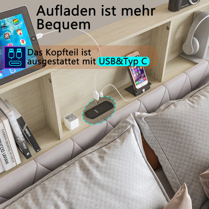 WoodenAura 140x200cm Polsterdoppelbett mit LED-Kopfteil und USB, mit Lattenrost und 4 Schubladen, Stauraum, Funktionsbett180x200