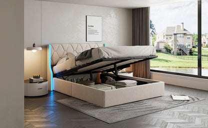 Rosahqnda Polsterbett, hydraulisches Doppelbett mit Lattenrost und LED-Kopfteil, Stauraumbett, Funktionsbettgestell in Flanell