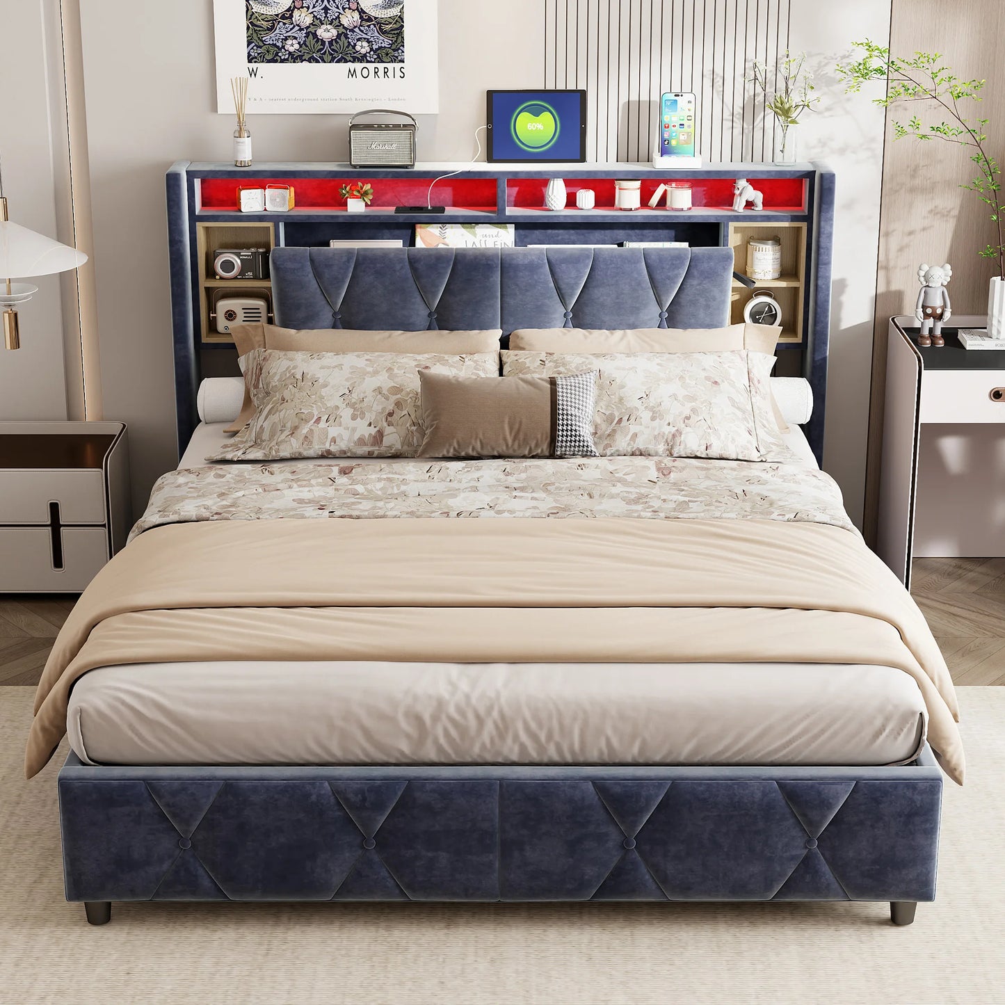 ROSAHQNDA Doppelbett mit Stauraum, LED-Bücherregal-Kopfteil mit USB, Polsterbett 140/160 x 200 cm, Samt, ohne Matratze