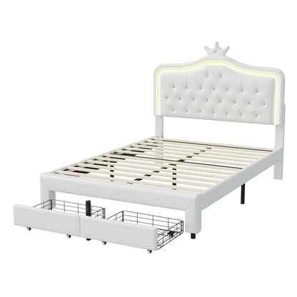 Rosahqnda Kinderbett Kronenform 90/140 x 200 cm, LED und Schubladen, höhenverstellbares Kopfteil, PU, Rosa/Weiß