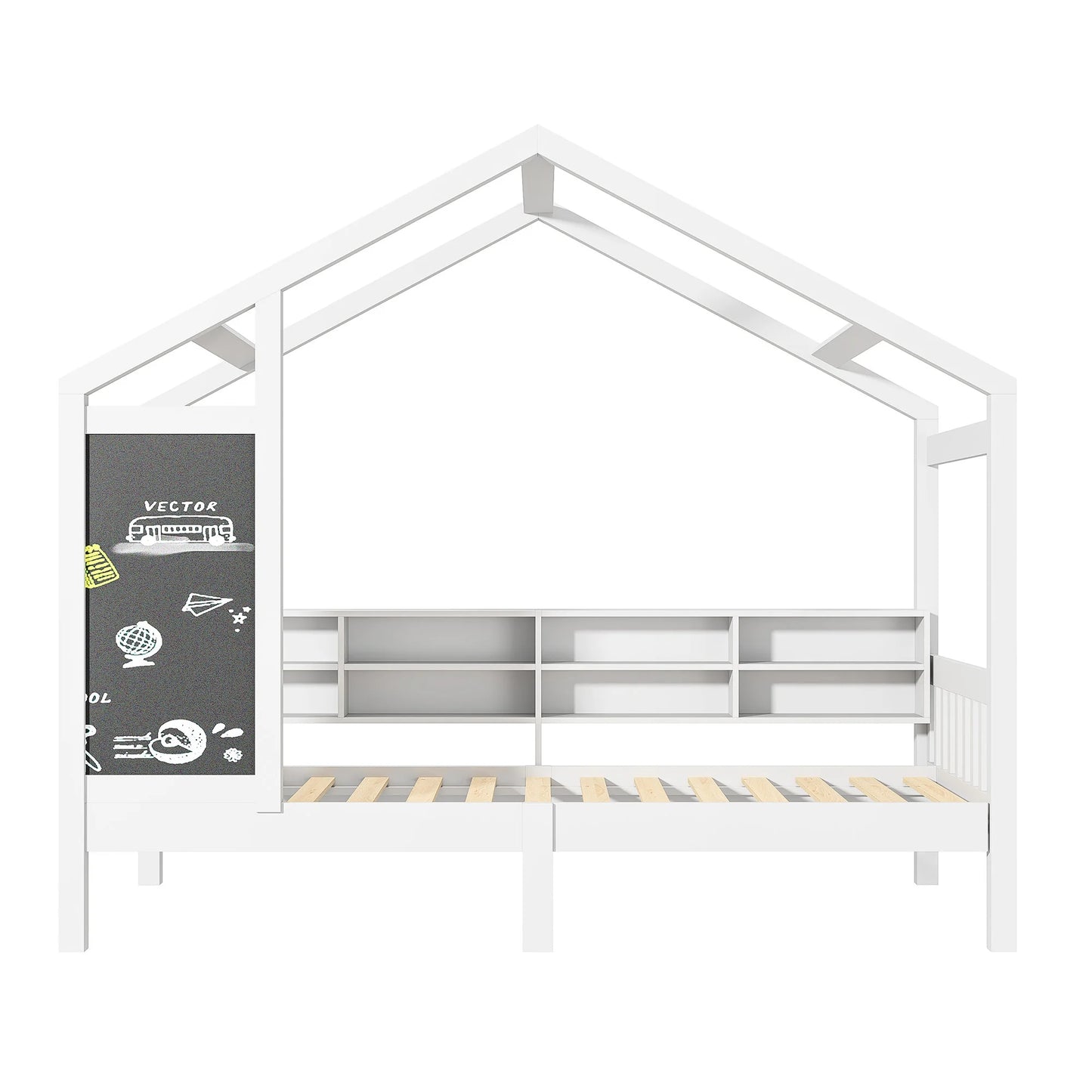 Roshanda Kinderbett, 90 x 200 cm, Hausbett, Einzelbett, mit Tafel/Bücherregal/Schublade, Kiefer, Weiß