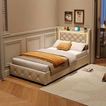 Rosahqnda Polster-Einzelbett 90 x 200 cm mit LED, Jugendbett mit USB/Typ-C, Bettkasten, Holzrahmen, Flanell (ohne Matratze)