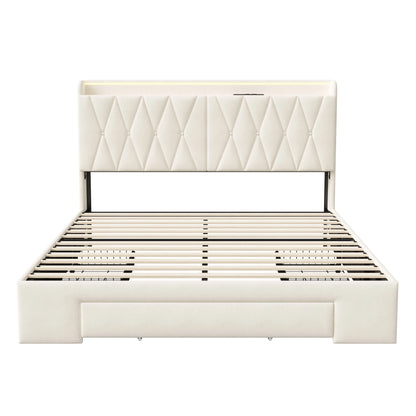 RosahqndaPolsterbett mit Schubladen, Elegantes Stauraum-Kopfteil, modernes Doppelbett in beigem Samt, Farbe beige, ohne Matratze