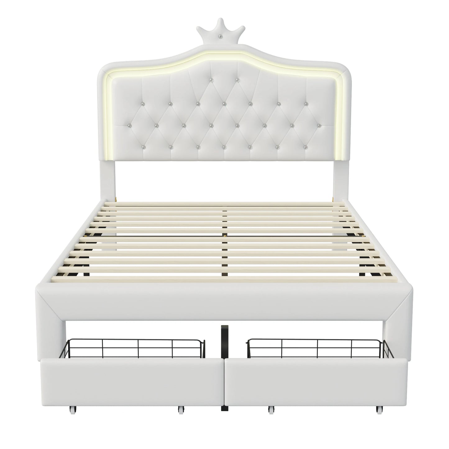 Rosahqnda Kinderbett Kronenform 90/140 x 200 cm, LED und Schubladen, höhenverstellbares Kopfteil, PU, Rosa/Weiß