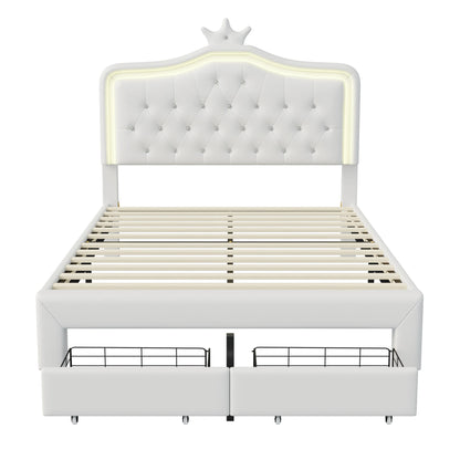 Rosahqnda Kinderbett Kronenform 90/140 x 200 cm, LED und Schubladen, höhenverstellbares Kopfteil, PU, Rosa/Weiß