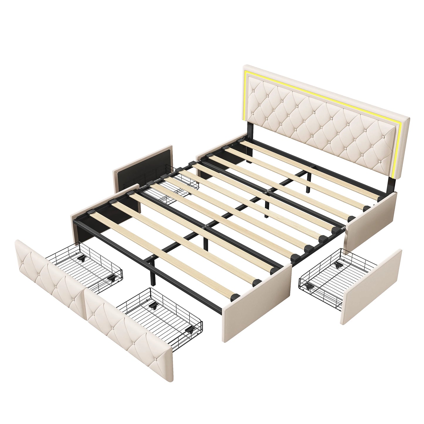 WoodenAura Polsterbett 160x200 cm mit LED-Beleuchtung, Doppelbett mit 4 Schubladen, Bett rahmen mit Lattenrost, keine Matratze