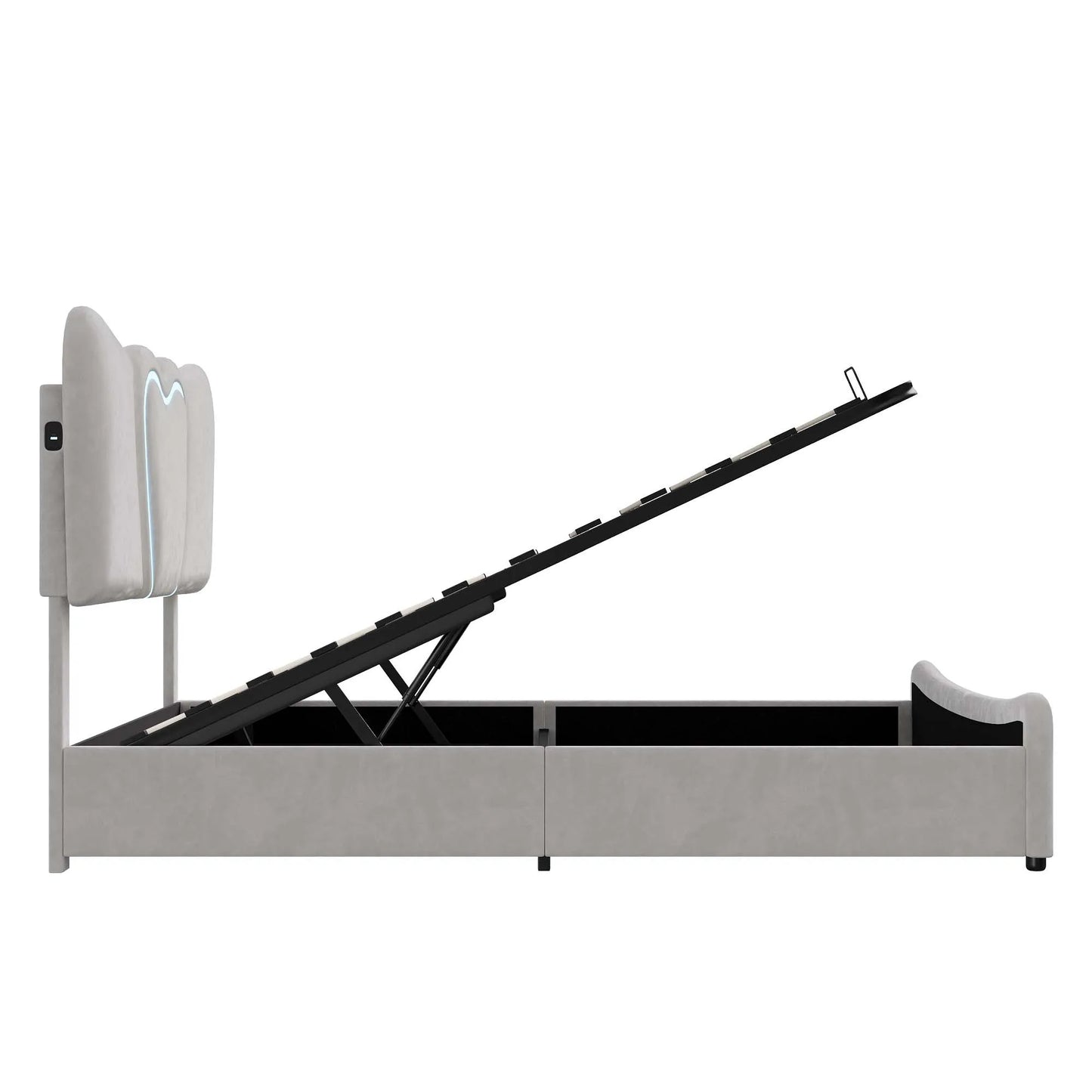 Doppelbett 140x200, LED Stauraumbett mit Lattenrost, Hydraulisch Polsterbett aus Kopfteil Höhenverstellbar, Herzform Kopfteil