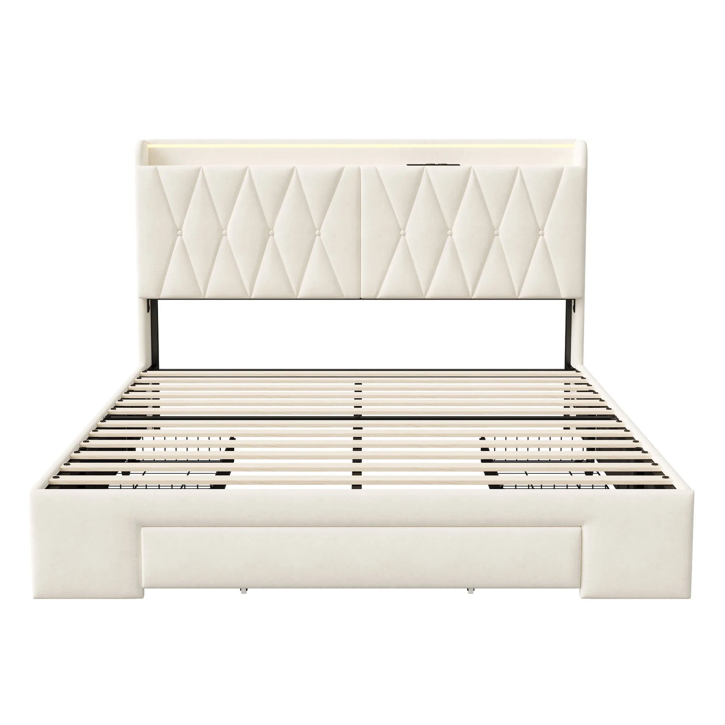 Comanlai 140 x 200 cm Polsterbett, mit 3 Schubladen, USB-Ladefunktion, Doppelbett, ohne Matratze, Samt, Beige