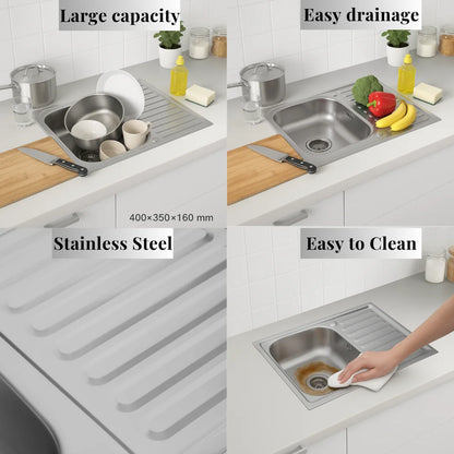 80 x 50 cm große Küchenspüle aus Edelstahl, Einzelschüssel mit Wasserhahnloch und Abtropffläche, Silber, linke/rechte Option