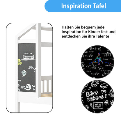 Roshanda Kinderbett, 90 x 200 cm, Hausbett, Einzelbett, mit Tafel/Bücherregal/Schublade, Kiefer, Weiß