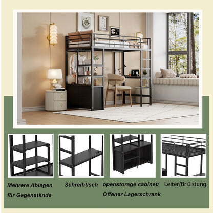 Etagenbett Hochbett 90x200cm mit Rausfallschutz, Kinderbett Bettgestell mitSchreibtisch und USB-Steckdose,