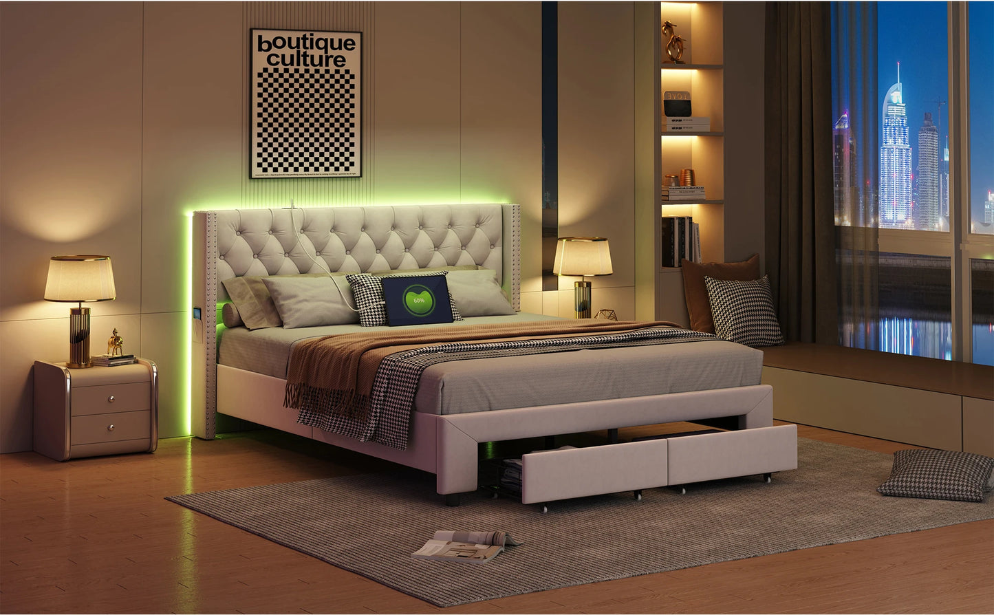 Rosahqnda Modernes Doppelbettgestell 140*190cm Stauraumbett 160-180*200cm mit LED&USB& Schubladen Jugendbett Gästebett Samtbeige