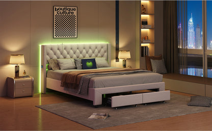 Rosahqnda Modernes Doppelbettgestell, 140 x 190 cm, Bett mit Stauraum, 160–180 x 200 cm, mit LED, USB und 2 Schubladen, Teenagerbett, Gästebett, Samtbeige