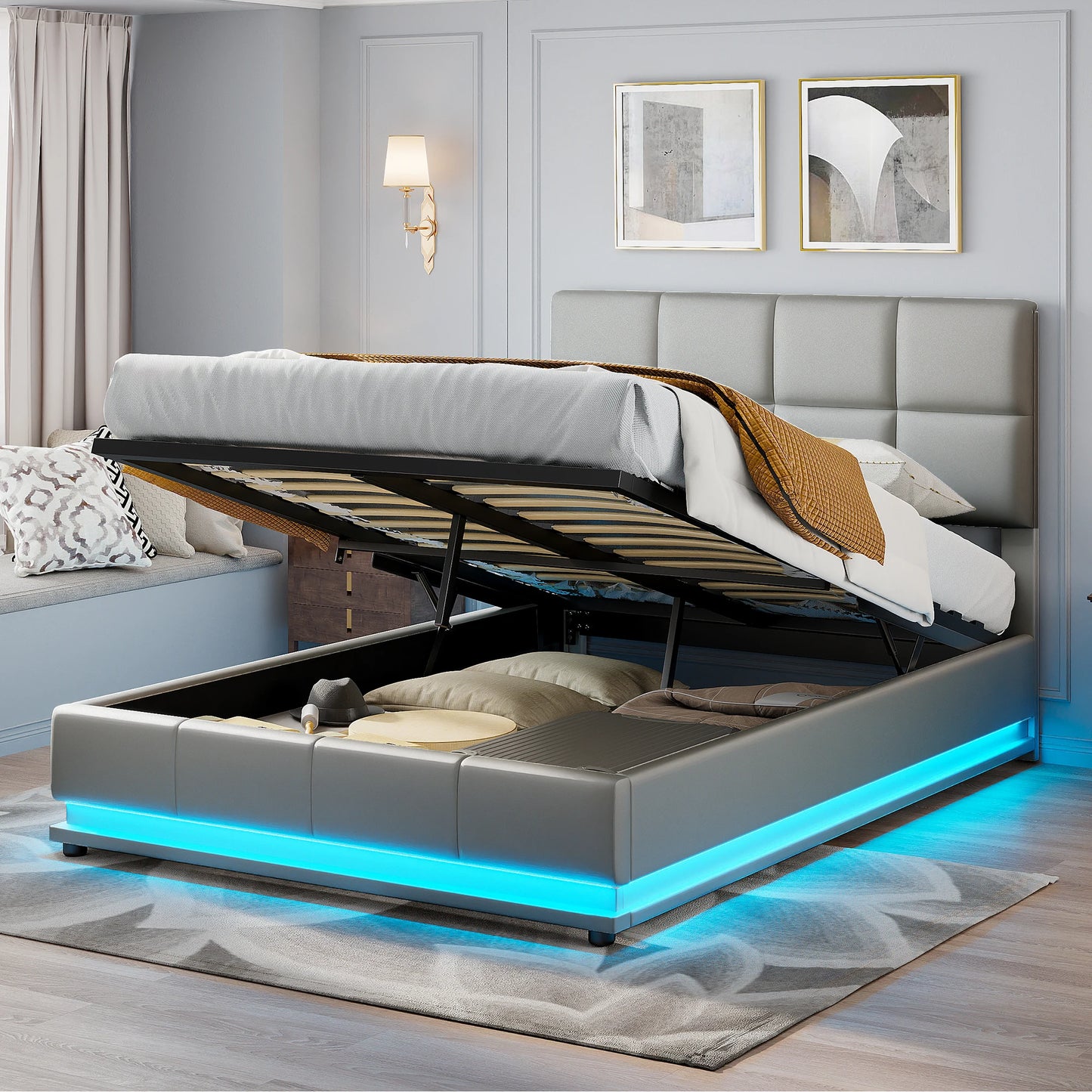 Rosahqnda Hydraulisches Stauraumbett, Funktionsbett mit viel Stauraum, Doppelbett mit Kopfteil,Kunstleder