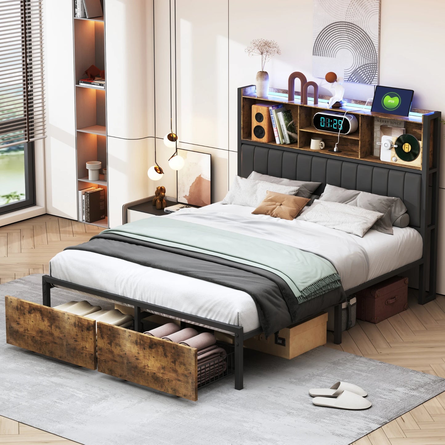 Rosahqnda Doppelbettgestell aus Eisen mit LED & USB & Schubladen, Polsterbett 140-160-180*200cm,Stauraum-Kopfteil,Jugendbett,PU