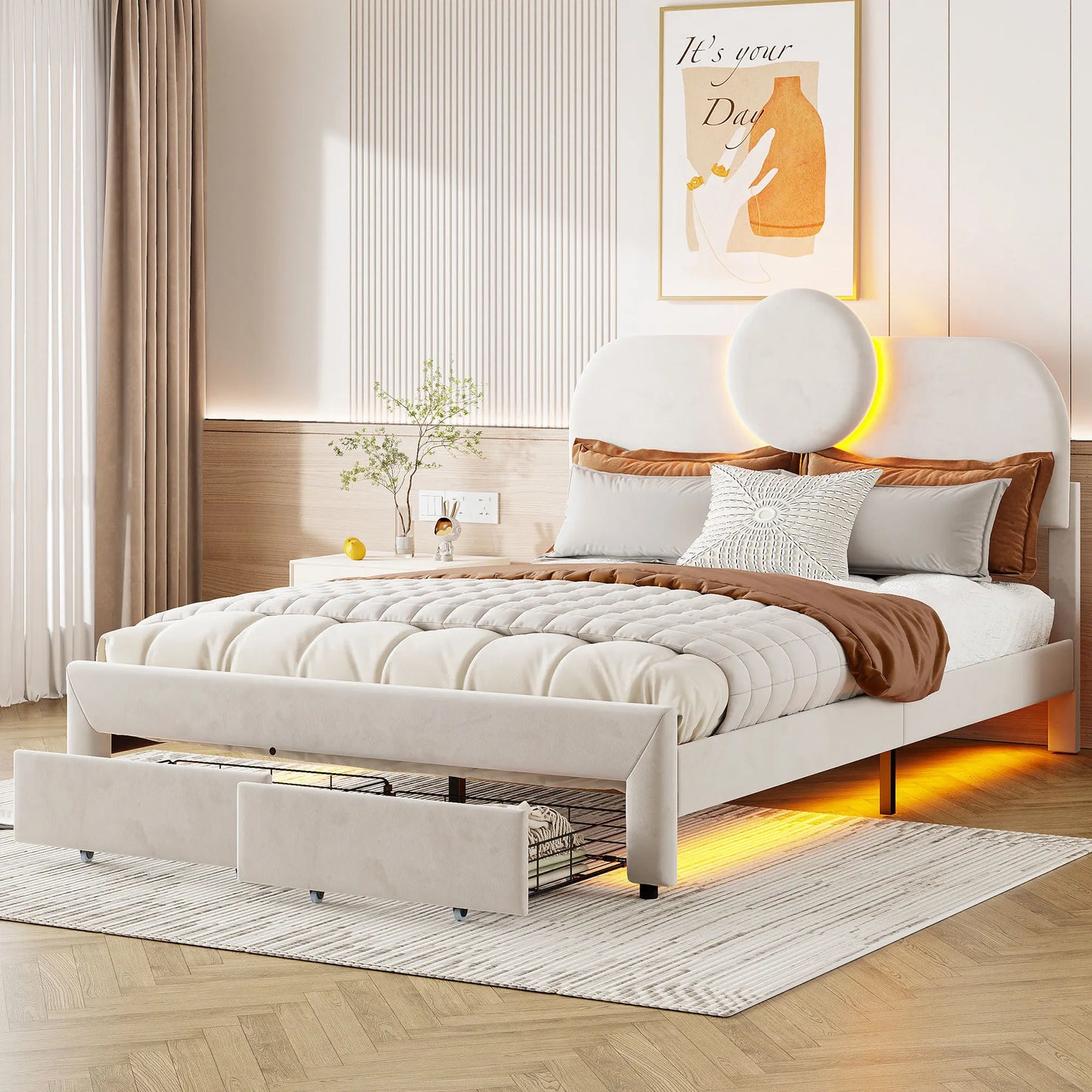 WoodenAura Gepolstertes Doppelbett, 140 x 200 cm mit LED, gepolstertes Bettgestell mit verstellbarem Kopfteil und Lattenrost