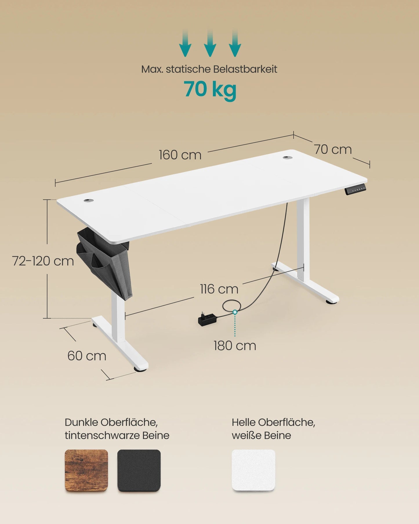SONGMICS Höhenverstellbarer Schreibtisch elektrisch, 70 x 160 x (72-120) cm, Verstellbarer Tisch, Memory-Funktion für 4 Höhen