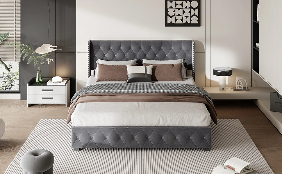 Rosahqnda gepolstertes Doppelbett, 140–160–180 x 200 cm, Stauraumbett, hydraulisches Bett, Erwachsenenbett, Samt, Dunkelgrau