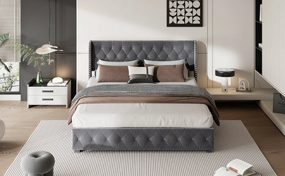 Rosahqnda gepolstertes Doppelbett, 140–160–180 x 200 cm, Stauraumbett, hydraulisches Bett, Erwachsenenbett, Samt, Dunkelgrau