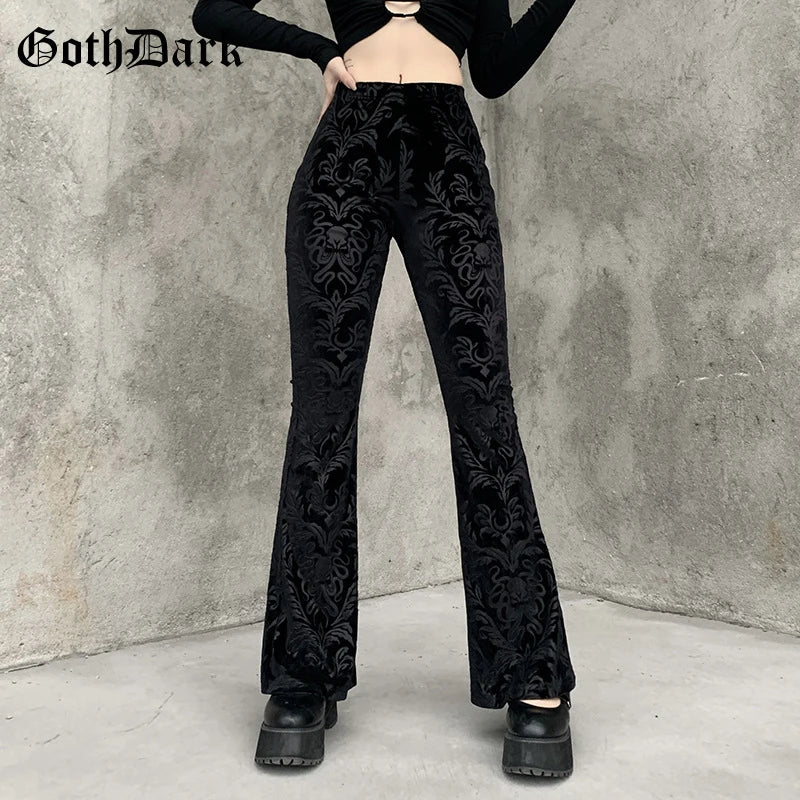 Goth Dark Vintage Floral Scratched Mall Gothic Pants Velvet High Waist Skinny Flare Trousers for Women Streetwear Cyber Y2K Pant.