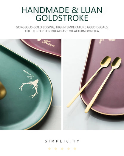 European Luxurious Gold Rim Ceramics Coffee Cups And Saucers Spoon Sets With Gift Box Tea Soy Milk Breakfast Mugs Dessert Plate.