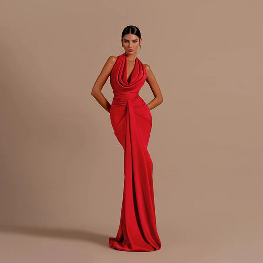 Sexy Swinging Collar Backless Pleated Long Dress Women Red Stain Sleeveless Draped Design Long Dress Club Party Women Maxi Dress