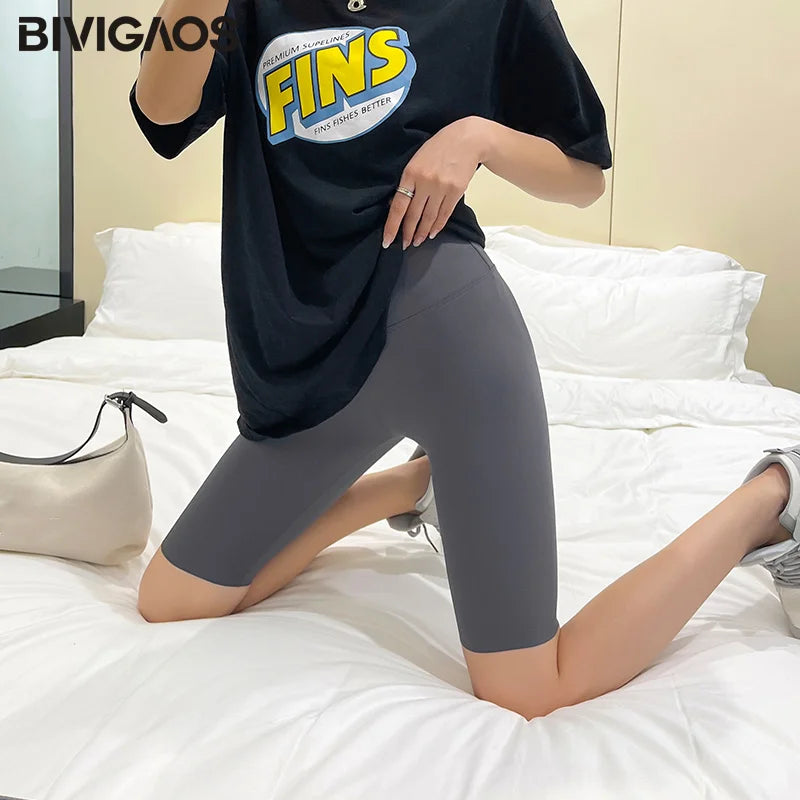 BIVIGAOS Summer Sharkskin Fabric Biker Shorts Women's Thin Black Cycling Shorts Slim Skinny Sport High Waist Fitness Shorts
