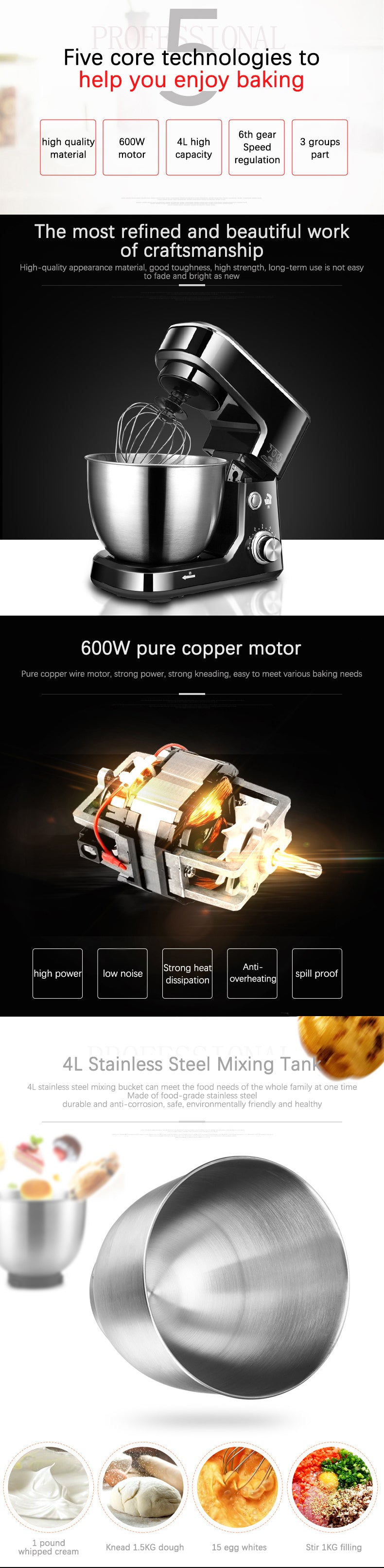 AC220-240V 50-60HZ 600W POWER 4L bowl Powerful home use mini food mixer hand mixer stand mixer Polupar Dough Cream Mixer muliuse.