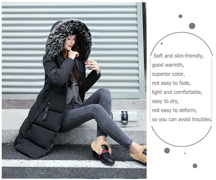 2025, Damen-Daunenparkas, Winterjacke, großer Pelzkragen, dicker, schlanker Mantel, modische Kapuze, Baumwolle, Oberbekleidung, langer Wintermantel für Damen