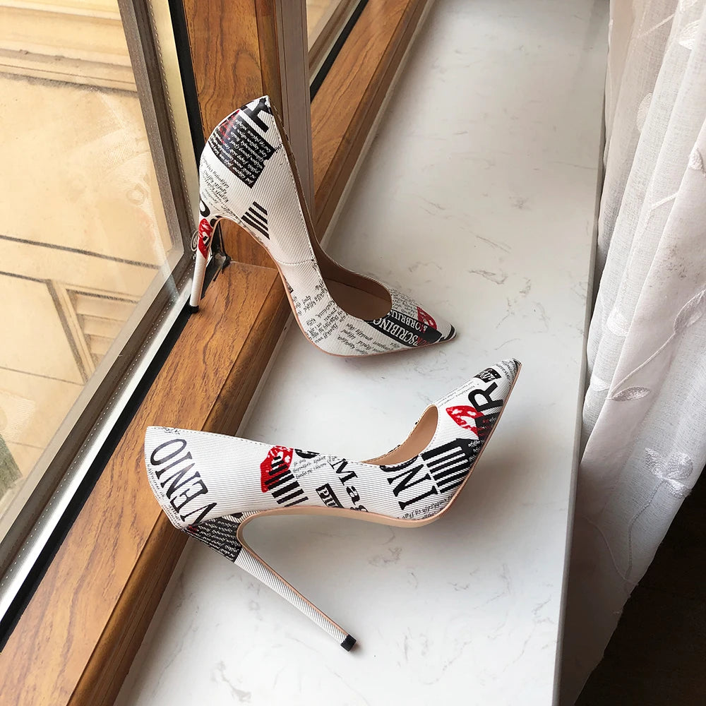 Tikicup Graphic Print Women White Pointy Toe High Heel Dress Shoes Sexy Ladies Slip On Designer Stiletto Pumps Big Size 43 44 45.