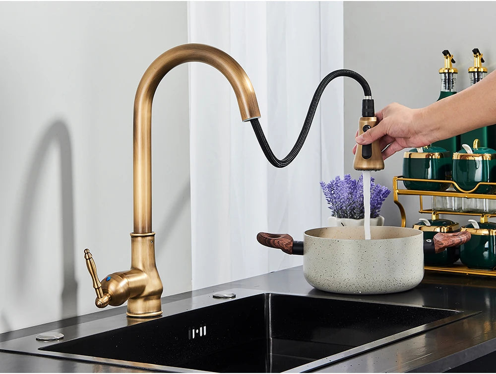 POIQIHY Antique Brass Kitchen Faucet Pull Out Bathroom Kitchen Mixers Single Handle Pull Down Cold Hot Water Tap Deck Mounted